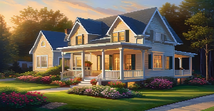A warm family home with blooming flowers and a sunset in the background, creating a cozy and inviting atmosphere.