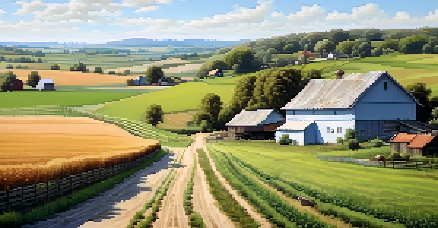 A tranquil countryside scene with fields of crops, a rustic farmhouse, and grazing farm animals under a clear sky.