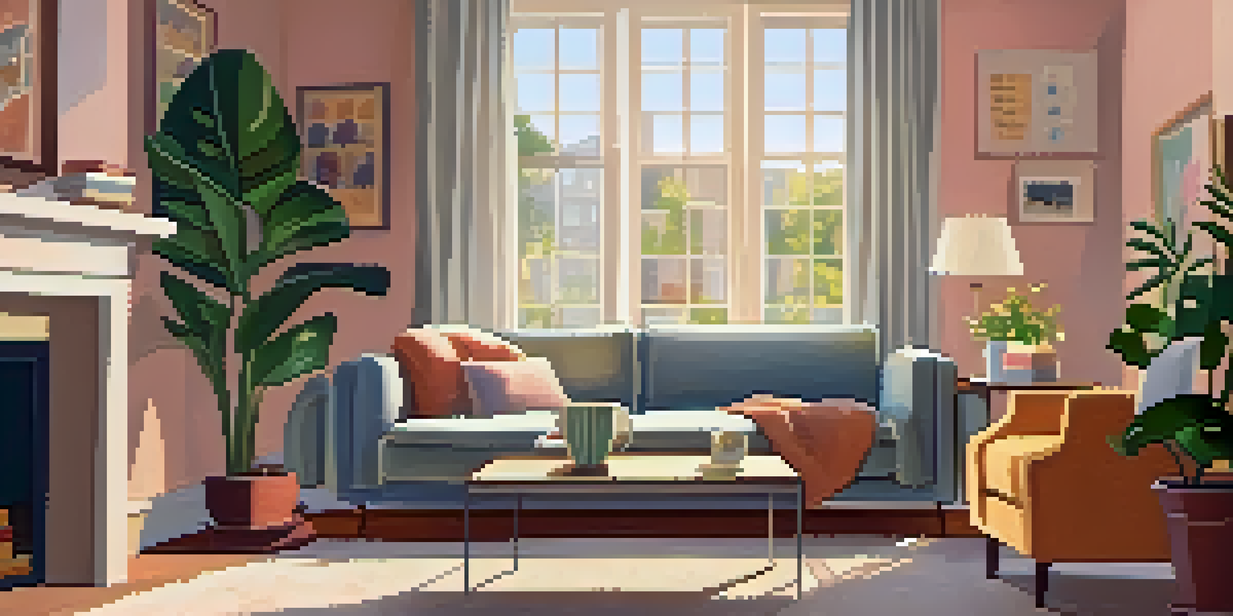 A warm and inviting living room with a sofa, coffee table, books, and sunlight streaming through a window.