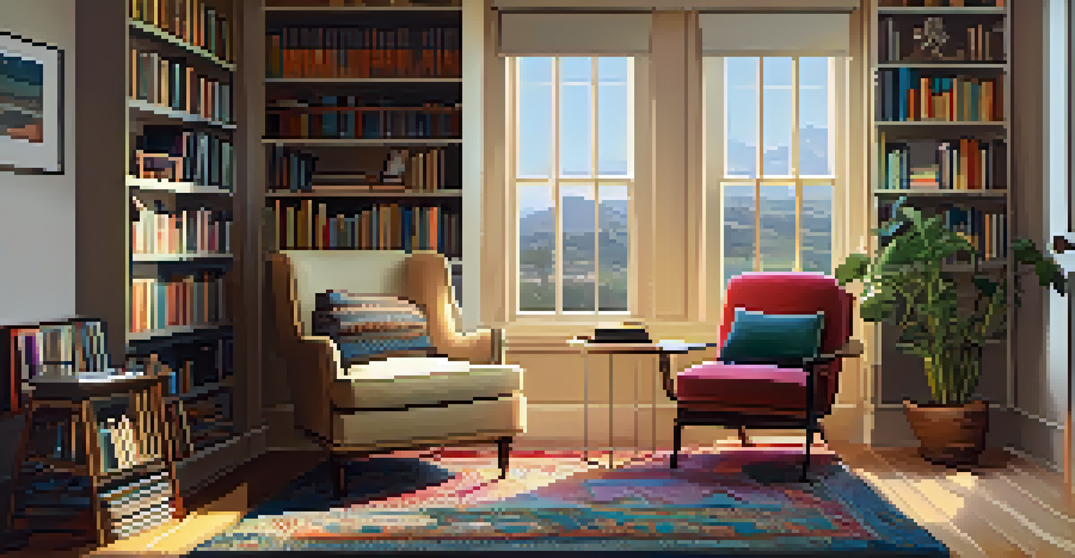 A cozy reading nook with an armchair, bookshelf, floor lamp, and colorful cushions, creating a warm space for reading.