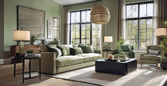 A warm and inviting open concept living room and dining area with natural light, cozy textures, and soft color palettes.