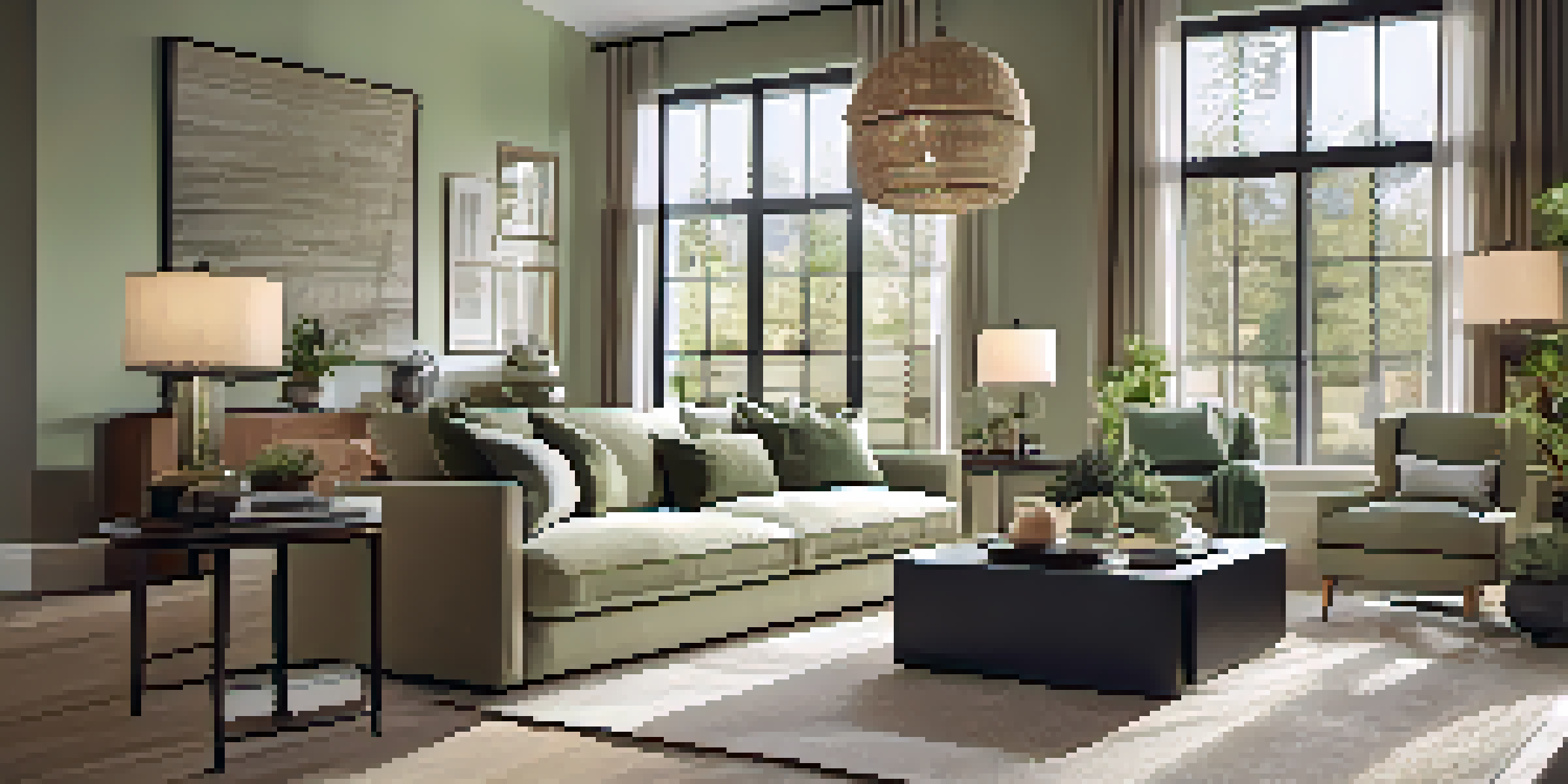 A warm and inviting open concept living room and dining area with natural light, cozy textures, and soft color palettes.