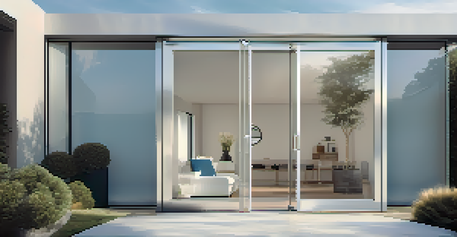 A modern glass door with a stainless steel frame, reflecting the sky, in front of a minimalist home.