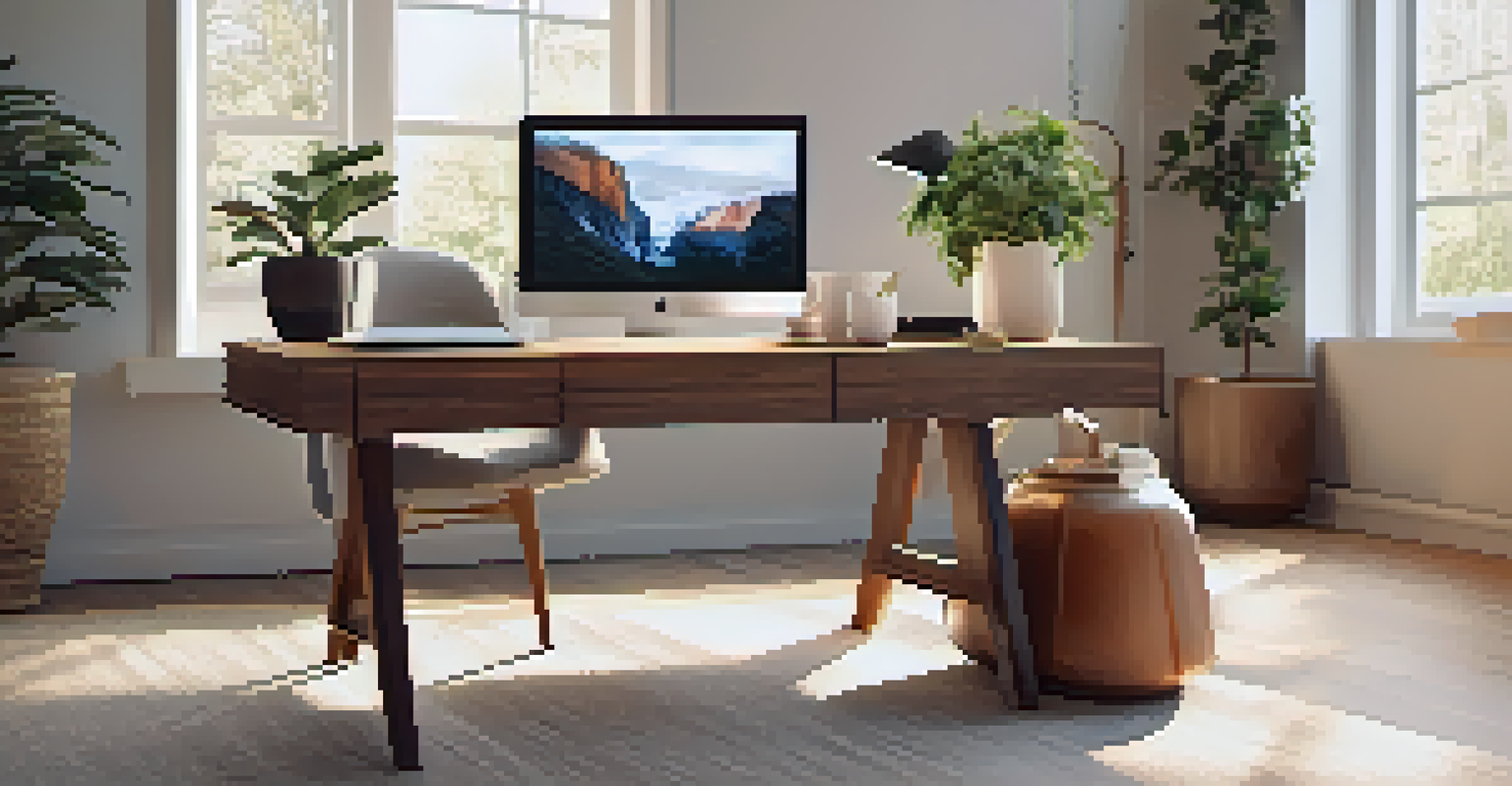 A stylish home office with a laptop, plant, and coffee, bathed in soft natural light from a window.