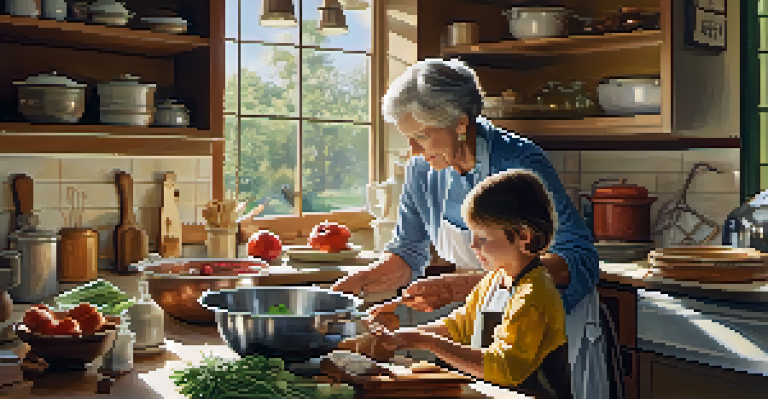 A grandmother and grandchild cooking together in a bright kitchen, showcasing intergenerational learning.