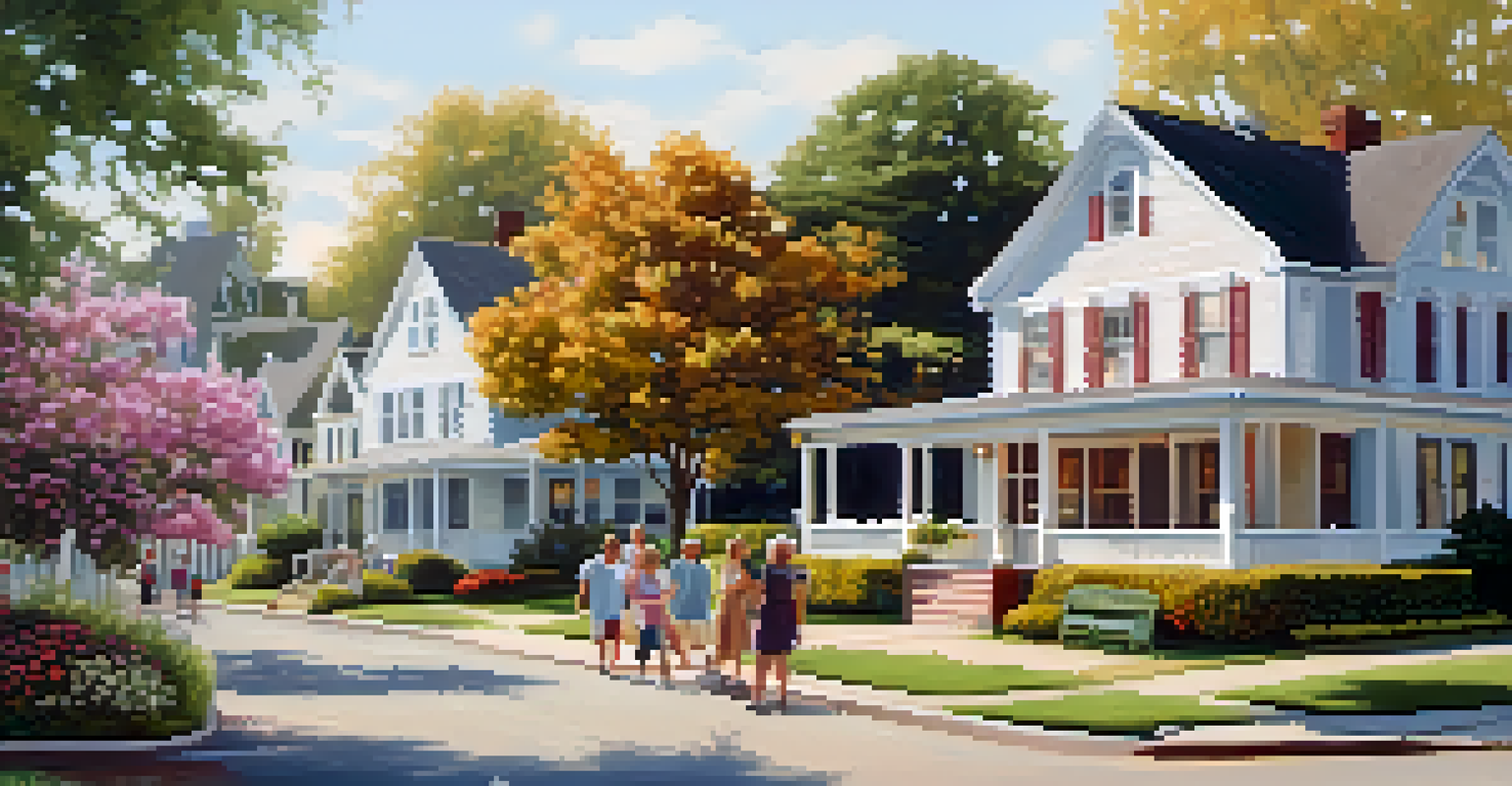 A beautiful residential street with homes, gardens, and a local bakery, showcasing a friendly neighborhood atmosphere.