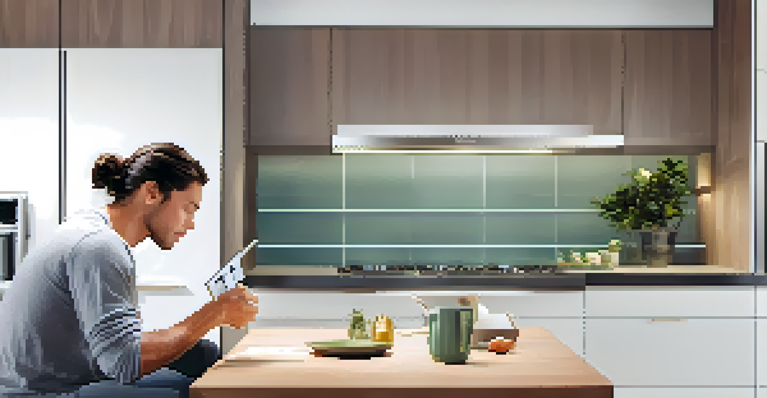 An electrician testing a white GFCI outlet in a modern kitchen, pressing the 'test' button under bright kitchen lighting.