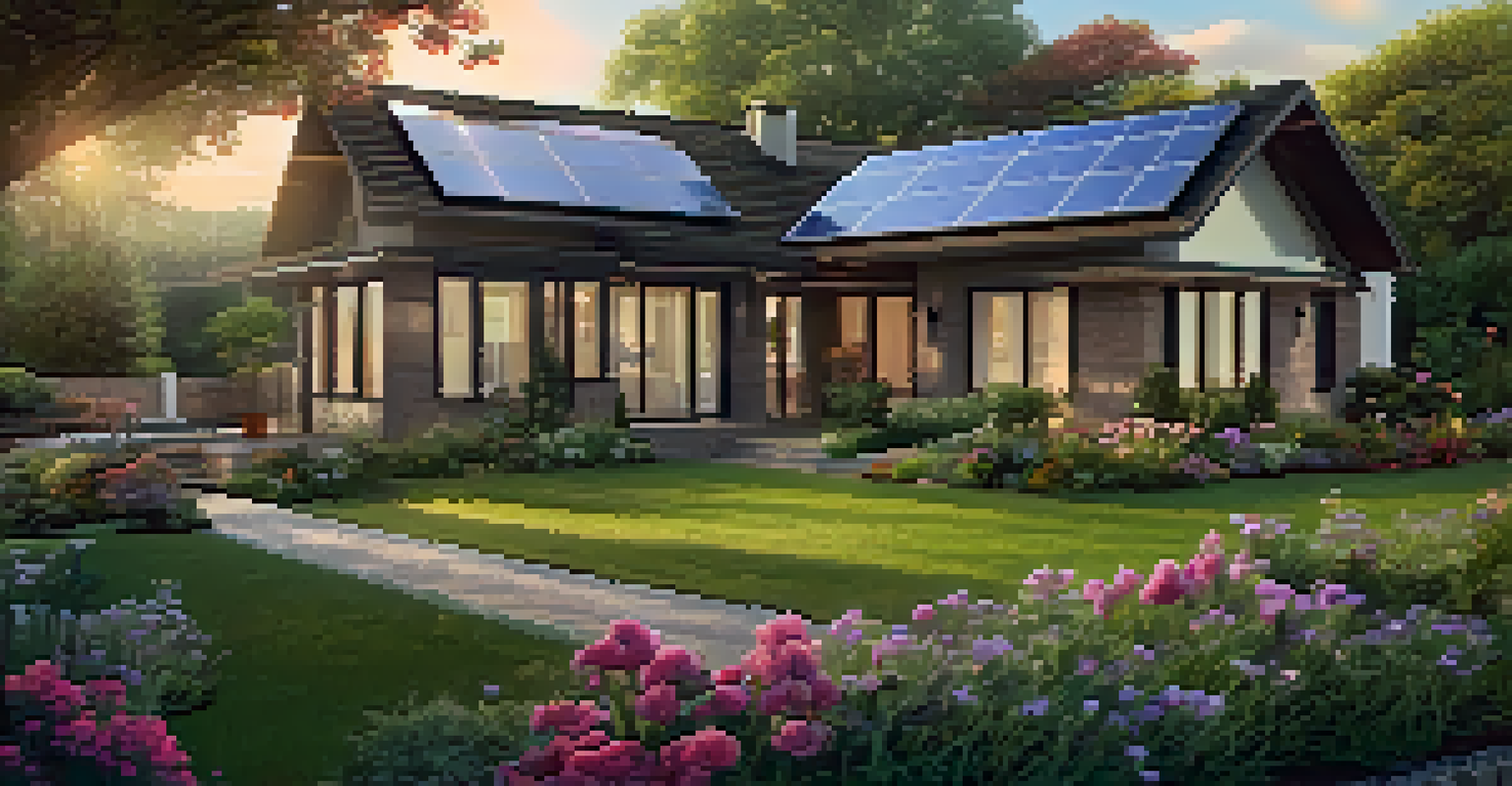 A house with solar panels surrounded by a beautiful garden, illuminated by golden hour lighting.