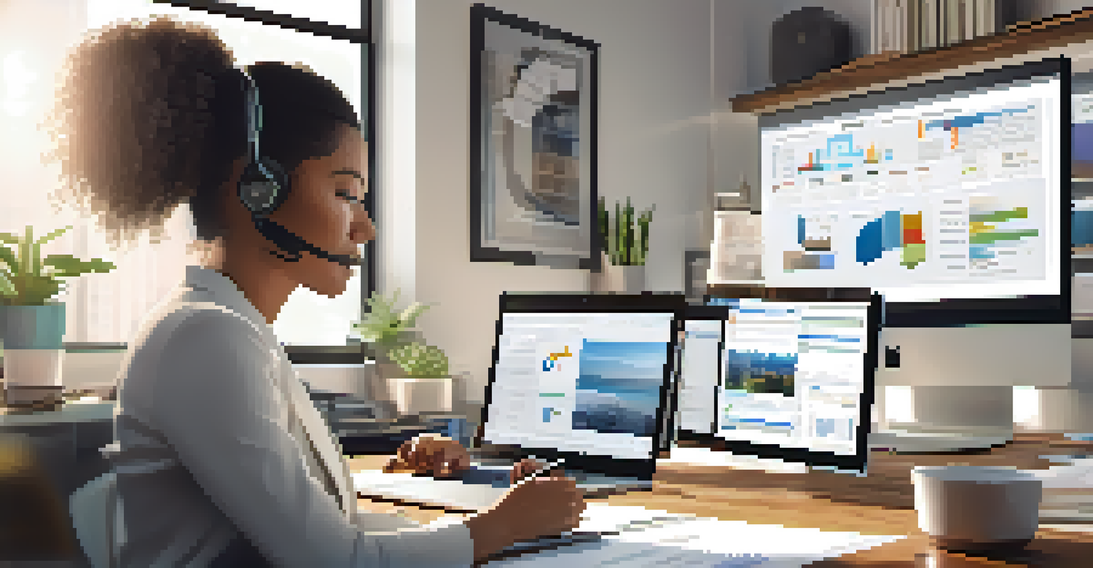 A real estate agent on a video call with a client, surrounded by market research documents.