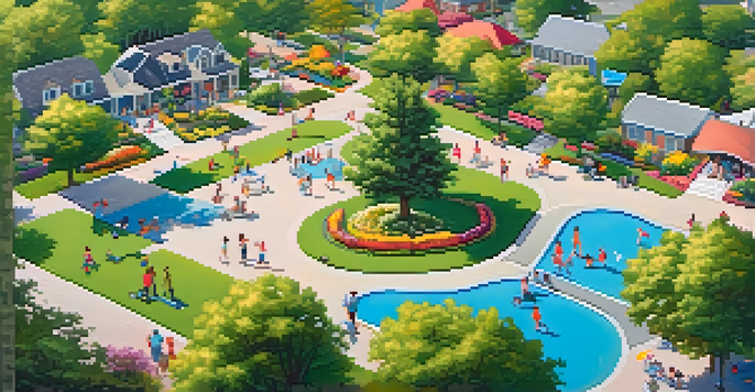 A vibrant neighborhood park filled with families picnicking and children playing, surrounded by trees and flowers.
