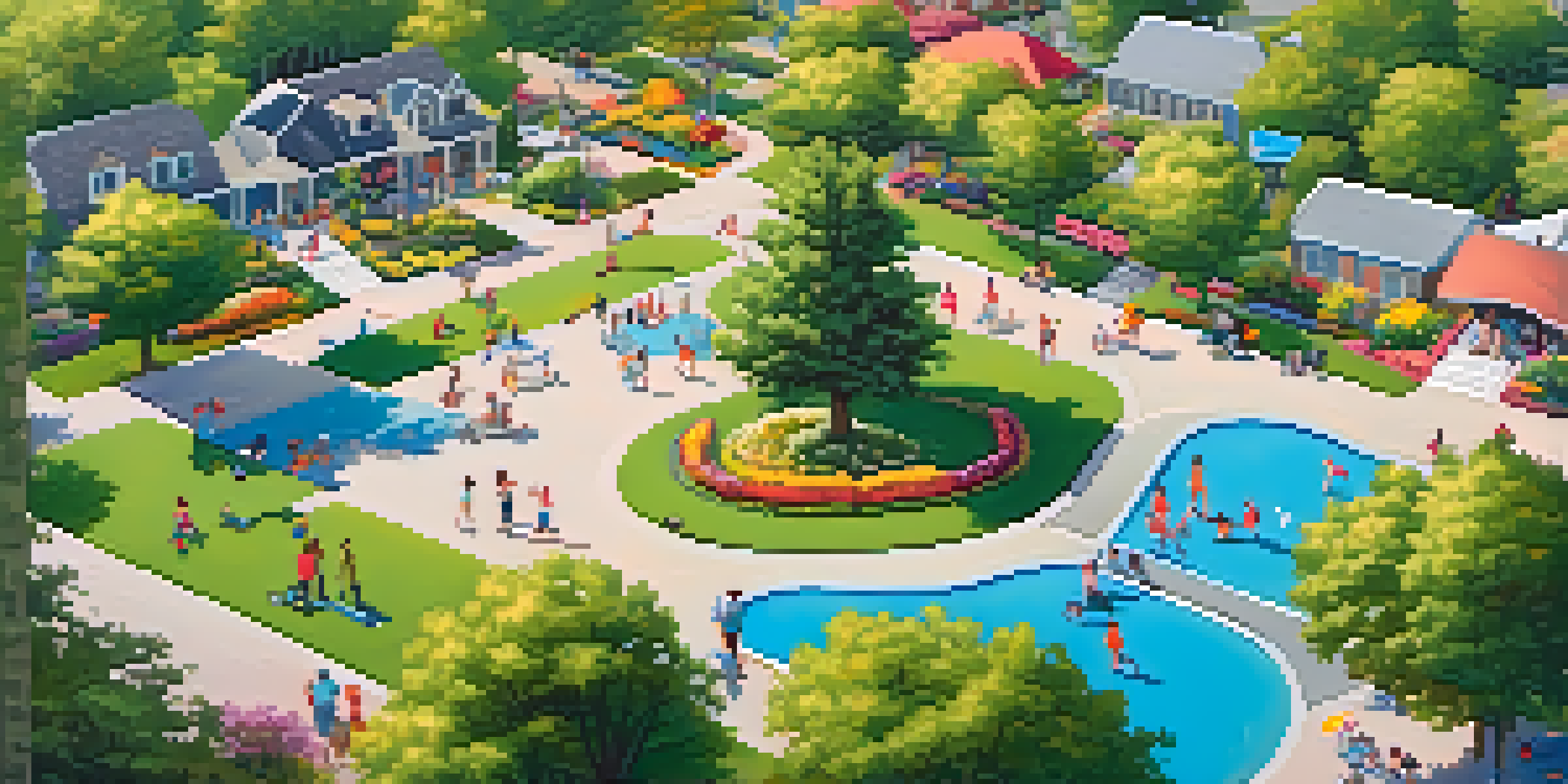 A vibrant neighborhood park filled with families picnicking and children playing, surrounded by trees and flowers.