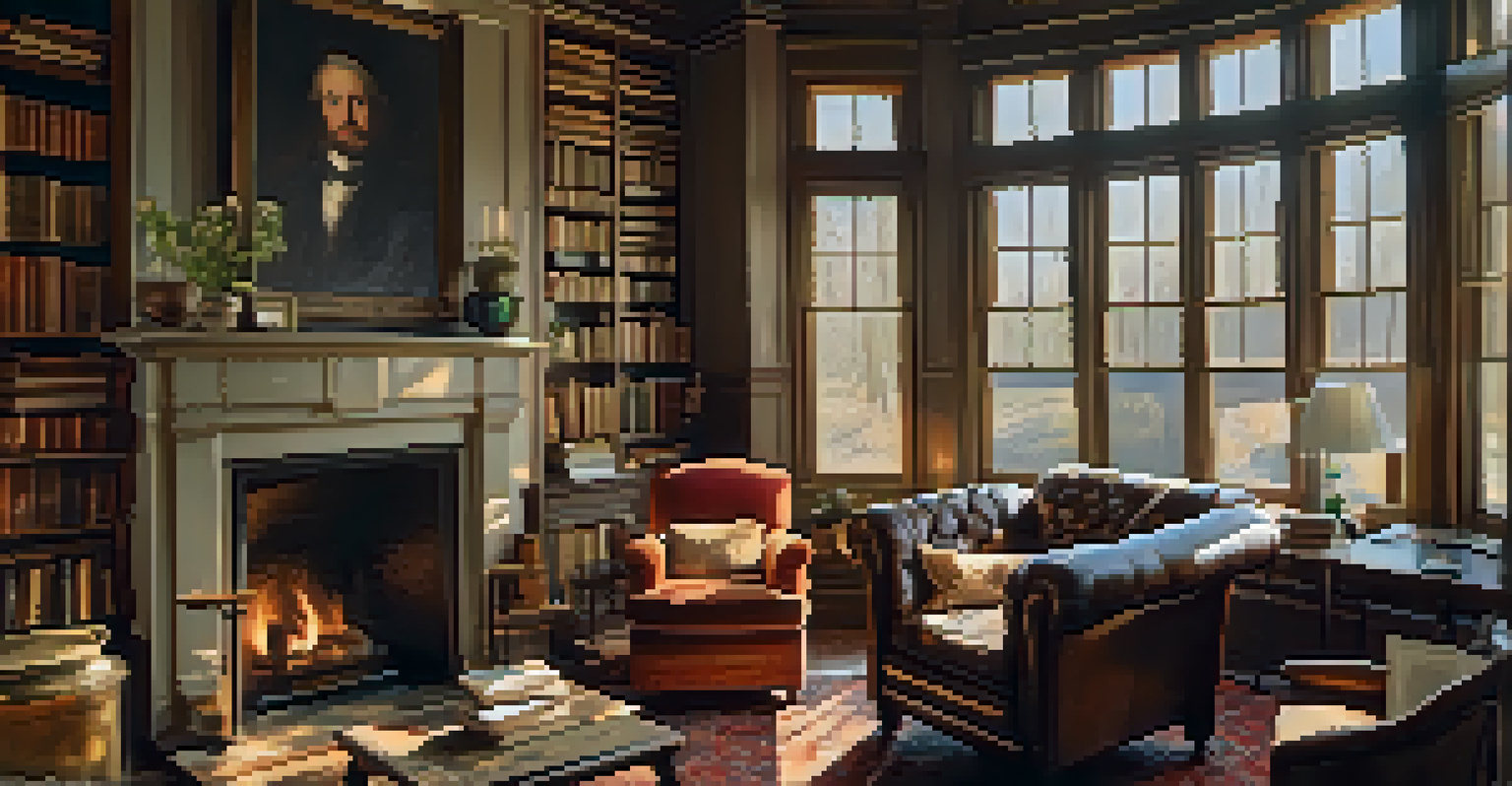 A cozy interior of a historic home with a fireplace, vintage furniture, and sunlight.