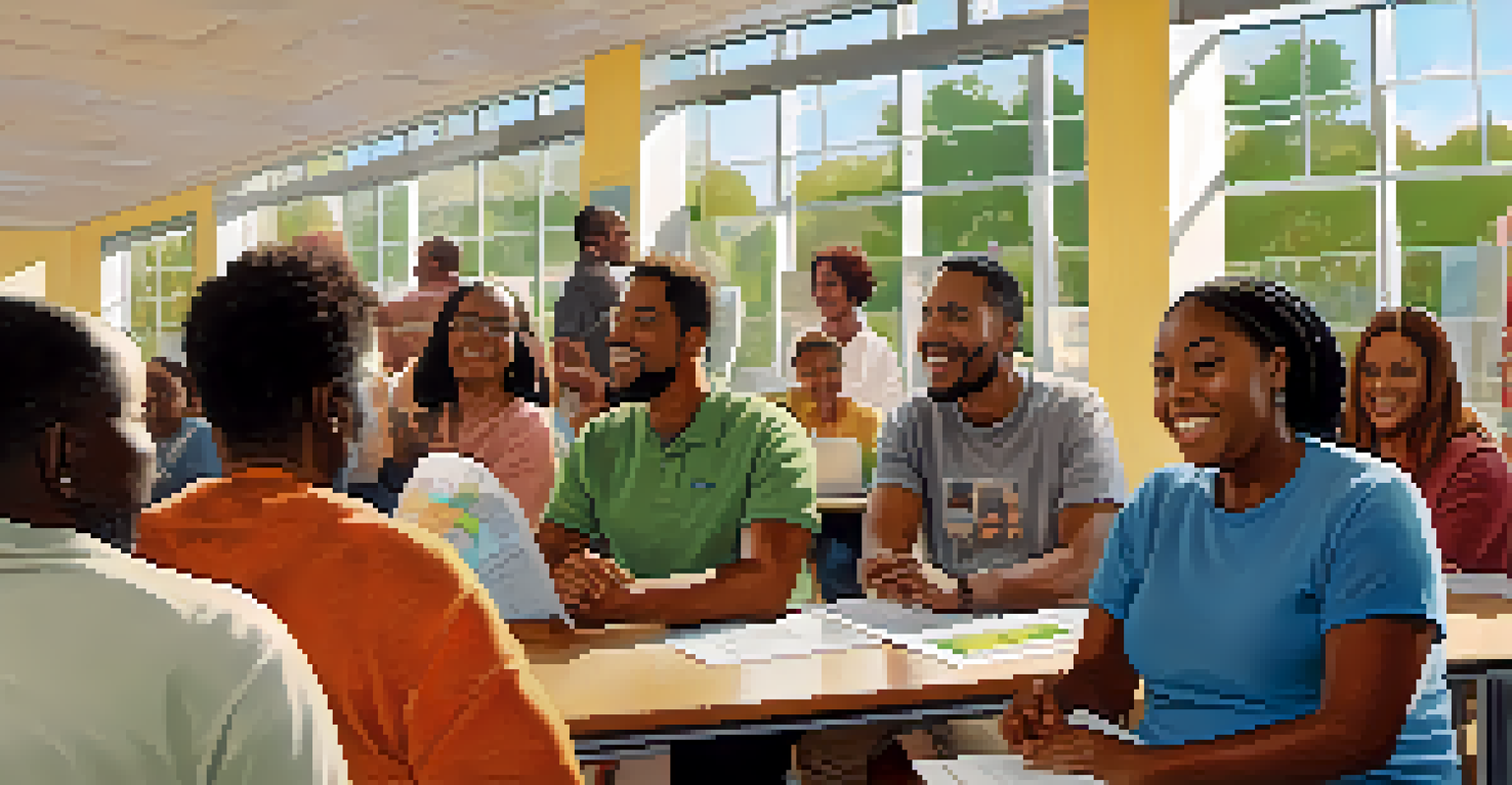 A diverse group of people at a down payment assistance workshop in a community center, with a presenter and educational materials on display.