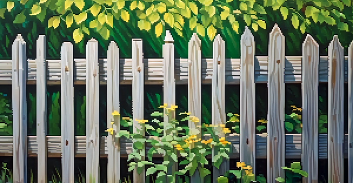 A close-up of a freshly stained wooden fence surrounded by green foliage and blooming flowers in spring sunshine.