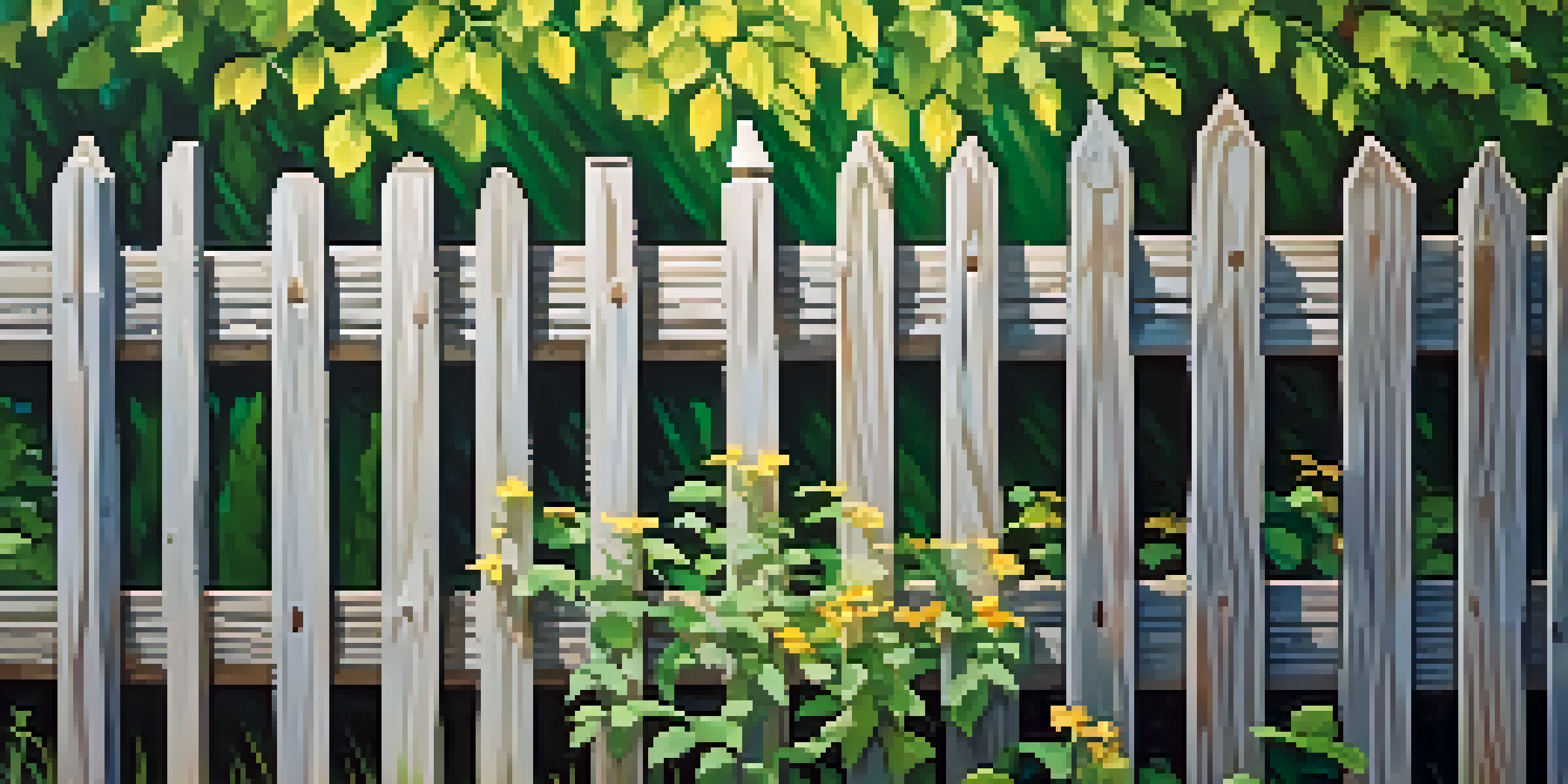 A close-up of a freshly stained wooden fence surrounded by green foliage and blooming flowers in spring sunshine.
