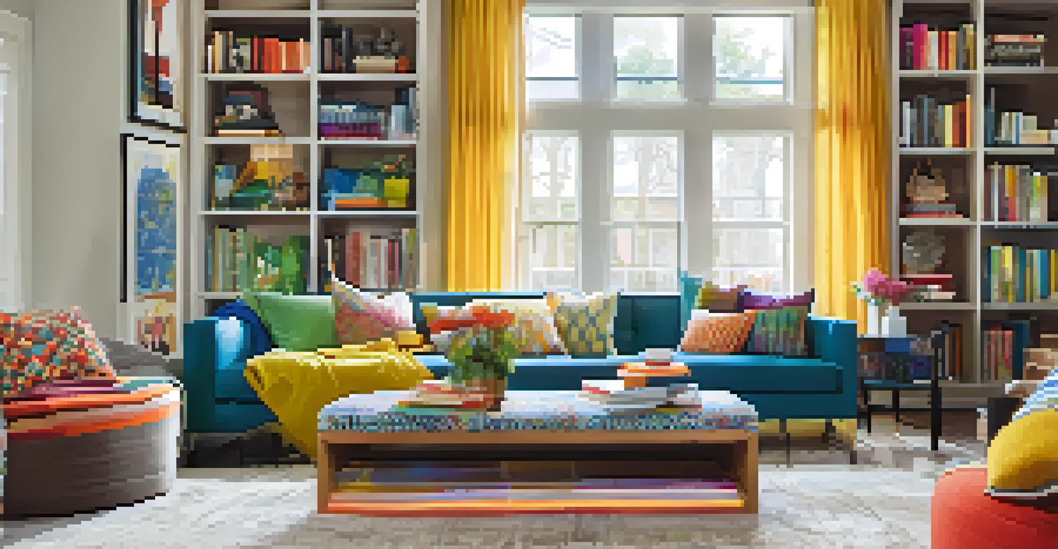 A modern living room with a colorful fabric divider and a warm, inviting setup.