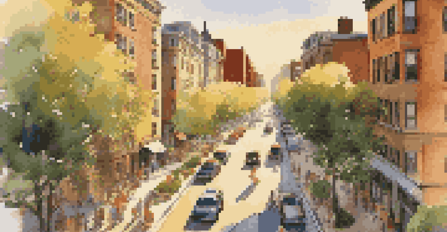 A busy city street showing a mix of homes and buildings at sunset, with trees and pedestrians.