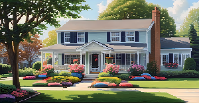 A colorful front yard with flowers and a well-maintained porch of a suburban home under bright sunlight.