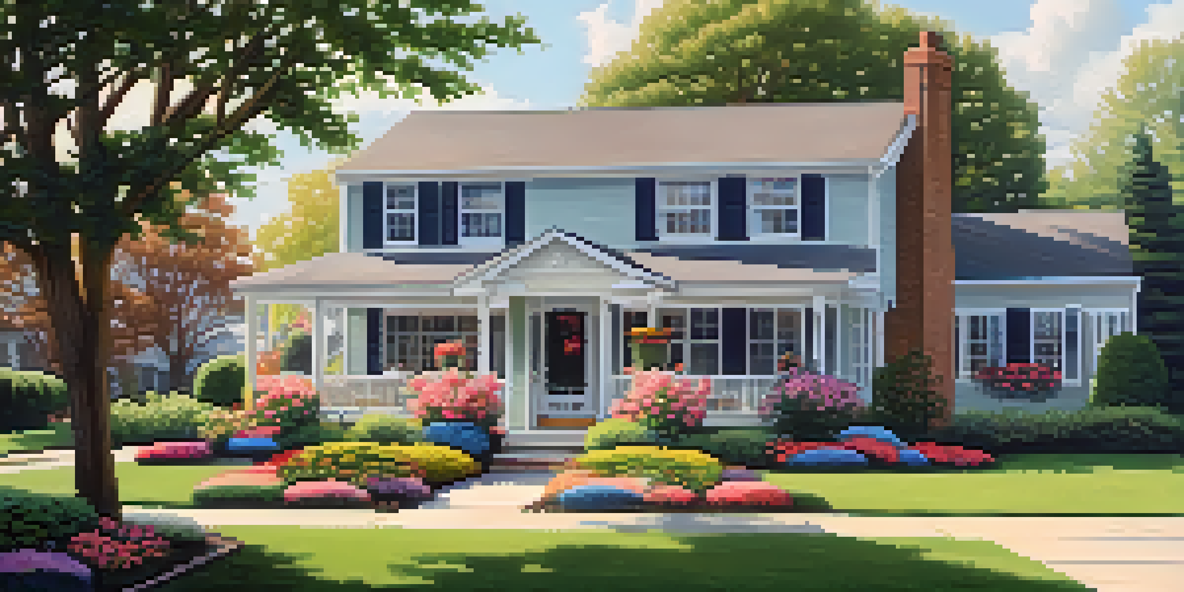 A colorful front yard with flowers and a well-maintained porch of a suburban home under bright sunlight.