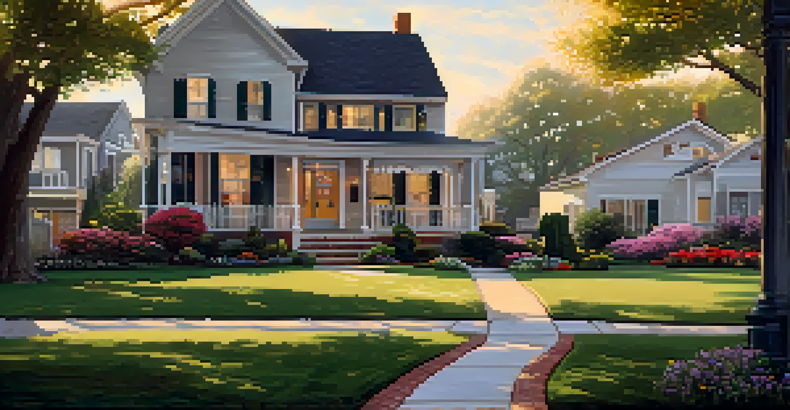 A picturesque suburban neighborhood with charming houses and a for-sale sign in front of one home during golden hour.