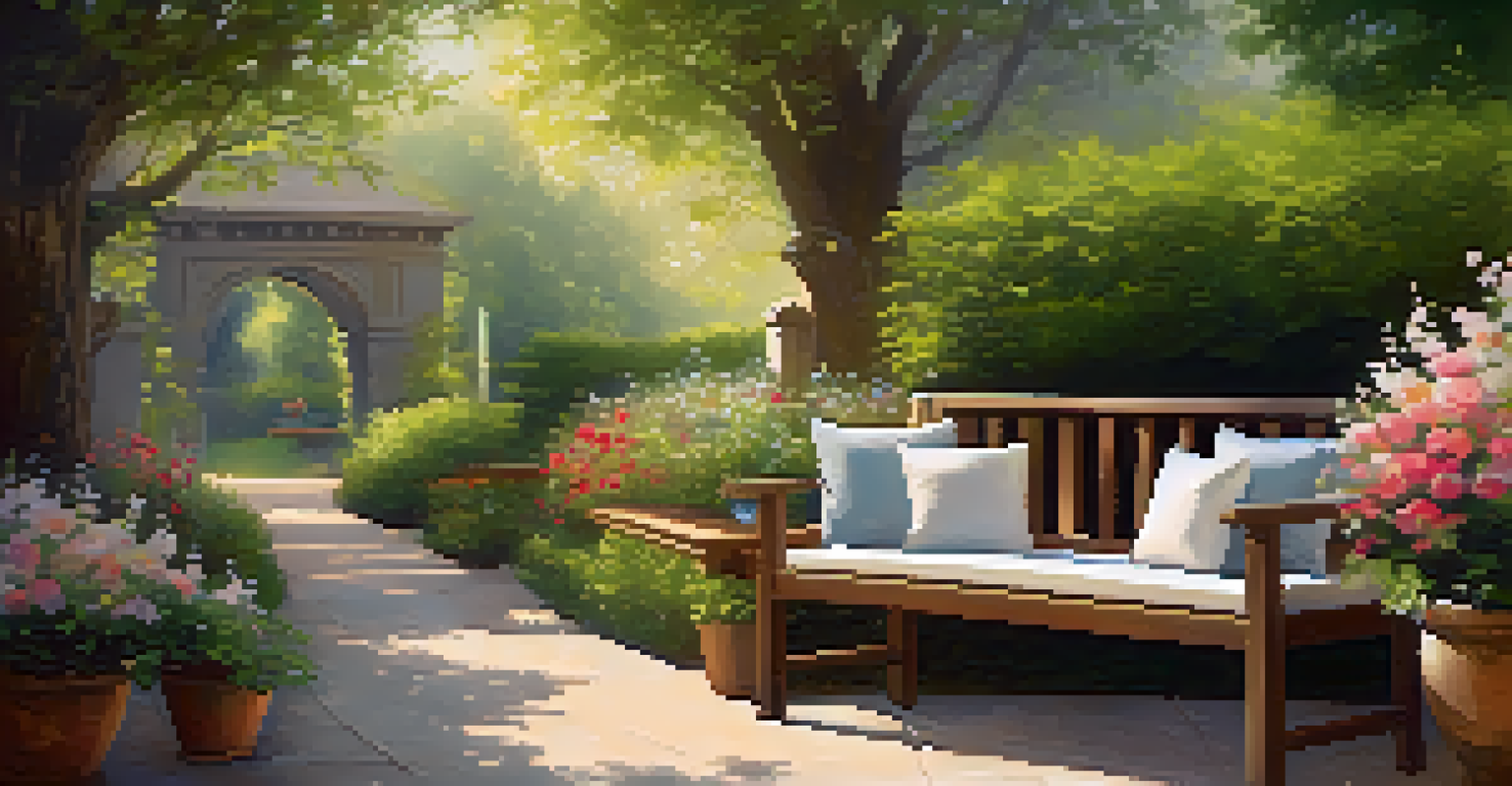 A garden nook with a bench, colorful flowers, and a cup of tea, set in a peaceful environment.