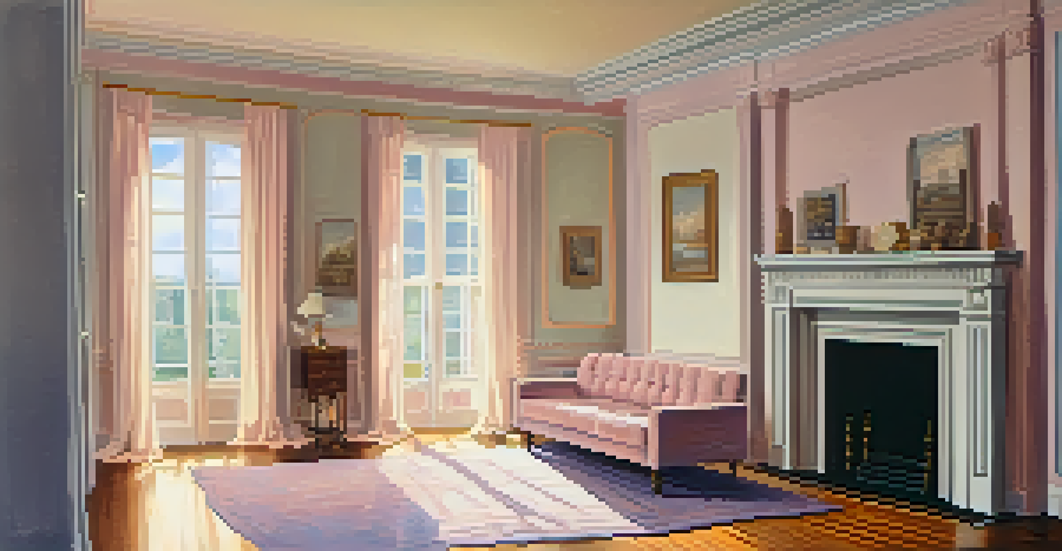 A living room with half-painted walls in pastel color and new wooden flooring, with sunlight filtering through curtains.