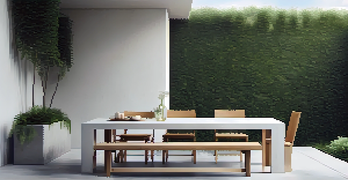 A minimalist outdoor patio with a white concrete floor, surrounded by greenery, featuring a modern dining table and chairs in a tranquil setting.