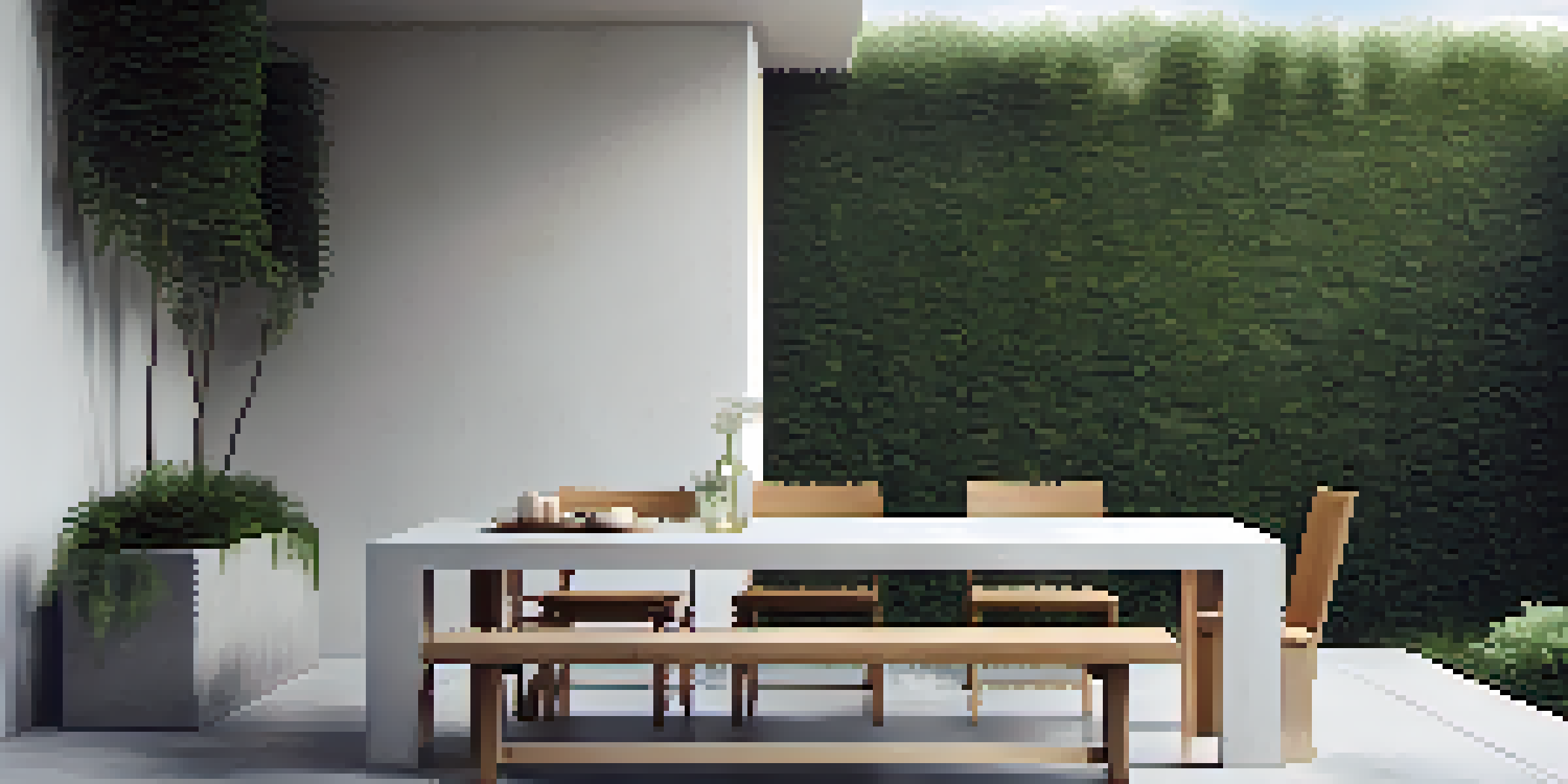 A minimalist outdoor patio with a white concrete floor, surrounded by greenery, featuring a modern dining table and chairs in a tranquil setting.