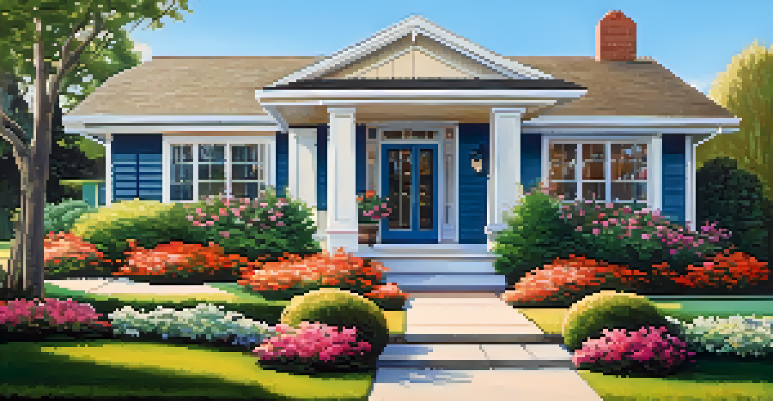 A well-maintained rental property with beautiful landscaping under a blue sky.