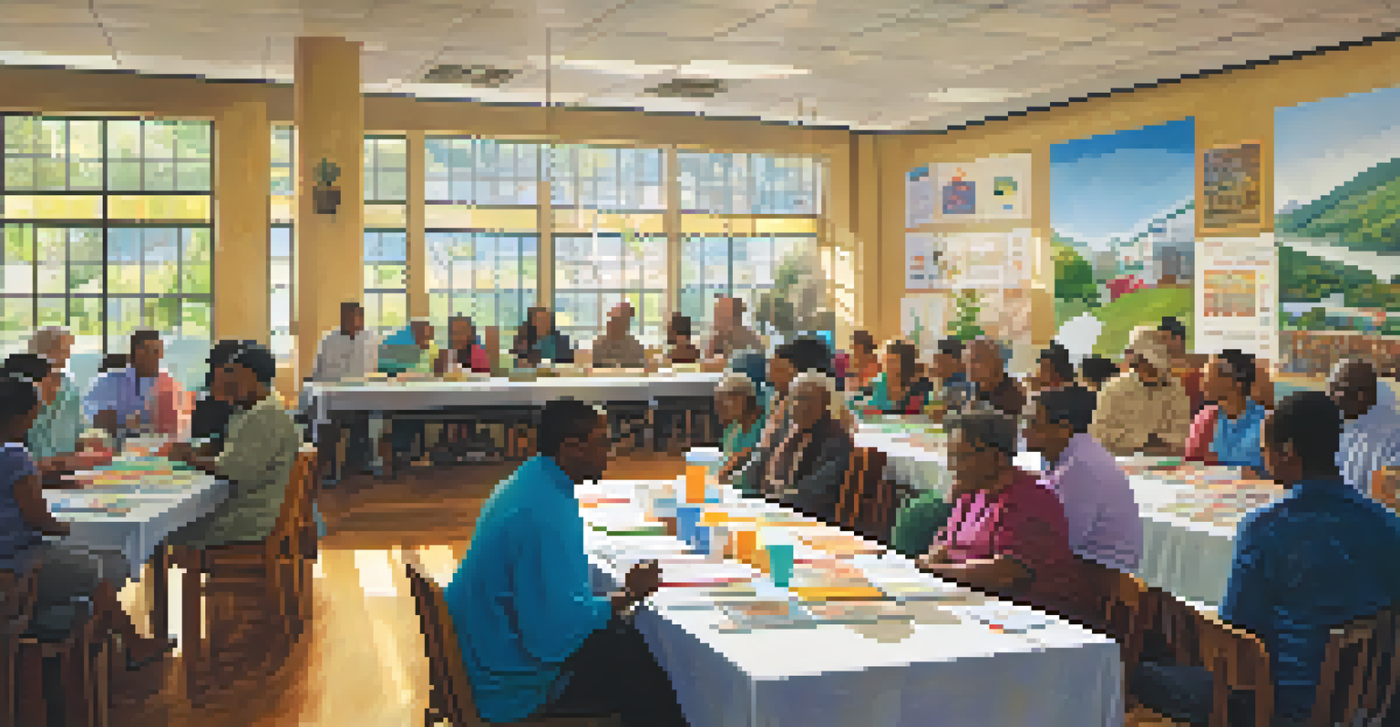A community meeting in a vibrant center with diverse participants discussing urban planning.