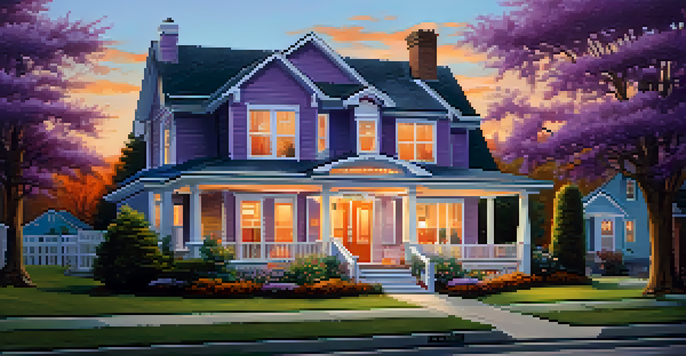 A peaceful suburban neighborhood at sunset featuring a cozy house with a vibrant front yard and a family on the porch.