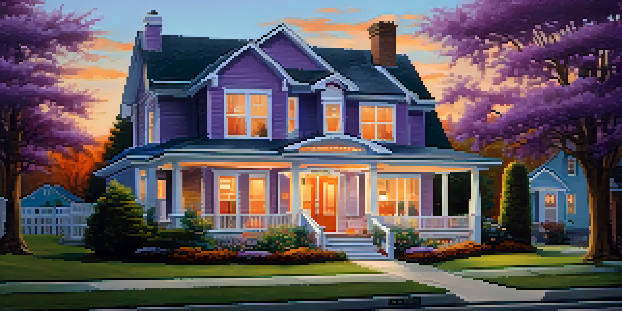 A peaceful suburban neighborhood at sunset featuring a cozy house with a vibrant front yard and a family on the porch.