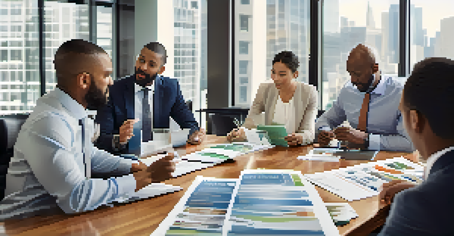 Real estate professionals discussing strategies around a conference table filled with brochures and a laptop.