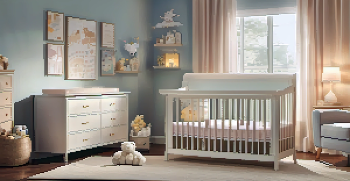 A cozy nursery with pastel colors, a crib with plush toys, and a smart baby monitor on the dresser, illuminated by warm light.