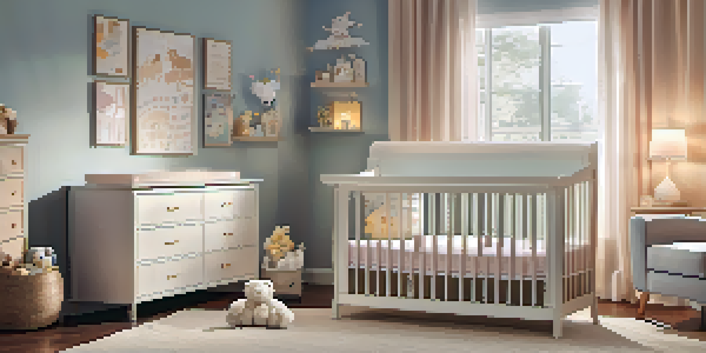A cozy nursery with pastel colors, a crib with plush toys, and a smart baby monitor on the dresser, illuminated by warm light.