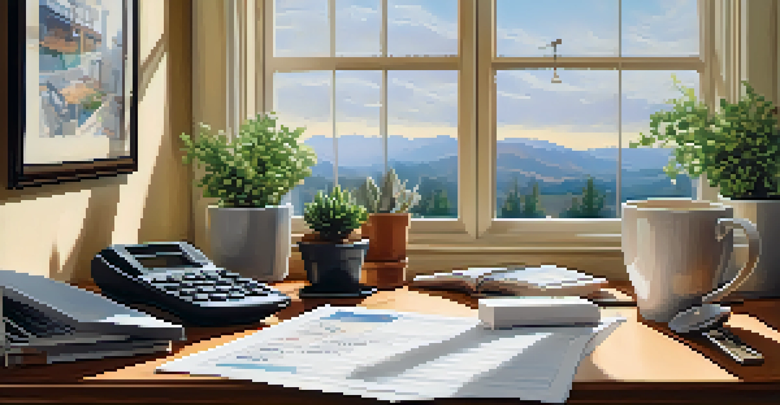 A home office scene where a buyer is budgeting for appraisal costs, surrounded by paperwork and a laptop.
