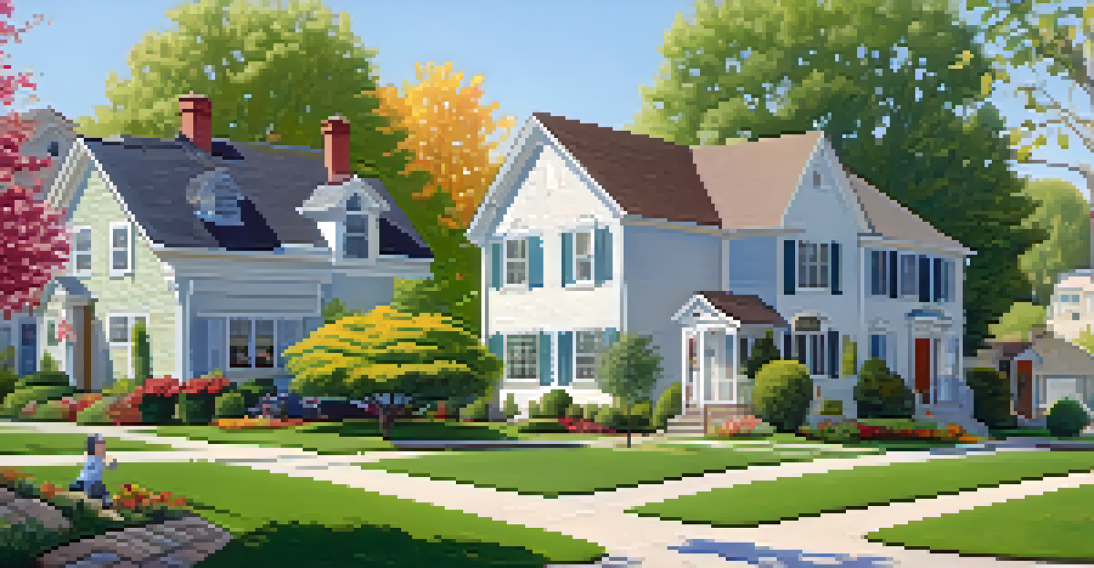 A peaceful suburban neighborhood featuring houses, a school, and children playing in the sun.