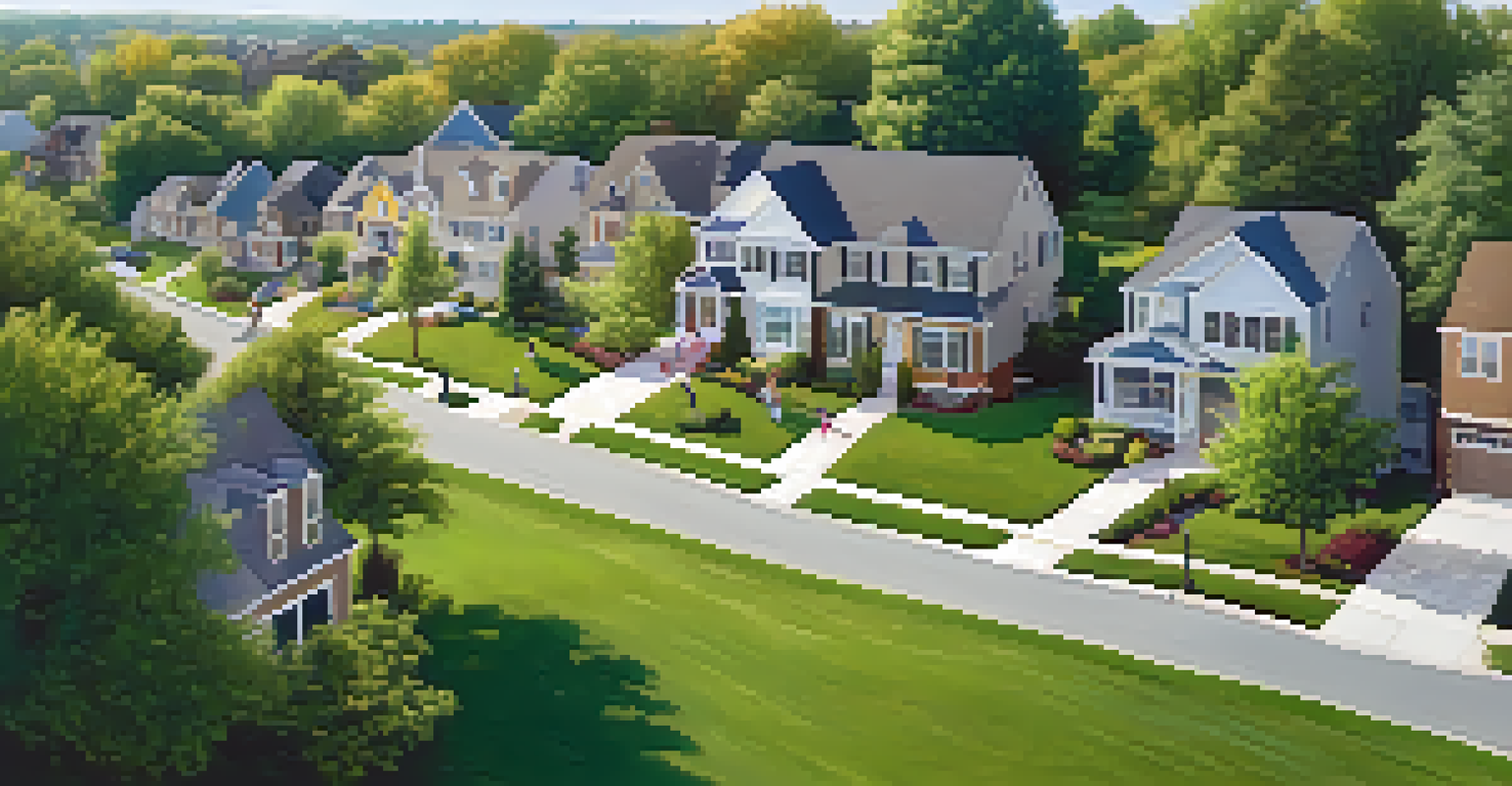 Aerial view of a suburban community with families enjoying parks and well-kept homes under the sun.