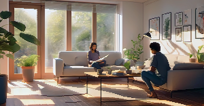 A couple in a cozy living room, reviewing mortgage refinancing documents with sunlight streaming in.