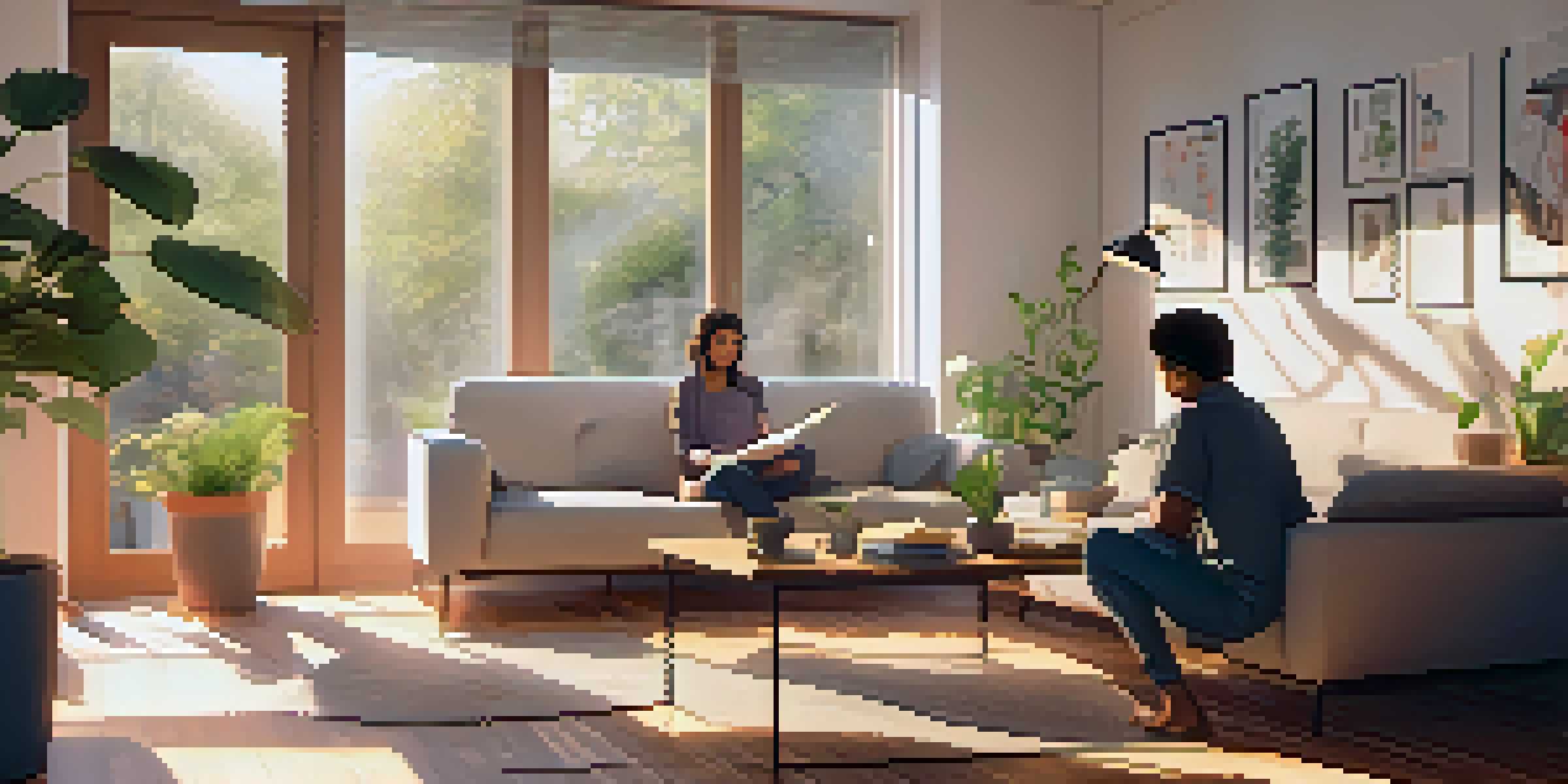 A couple in a cozy living room, reviewing mortgage refinancing documents with sunlight streaming in.