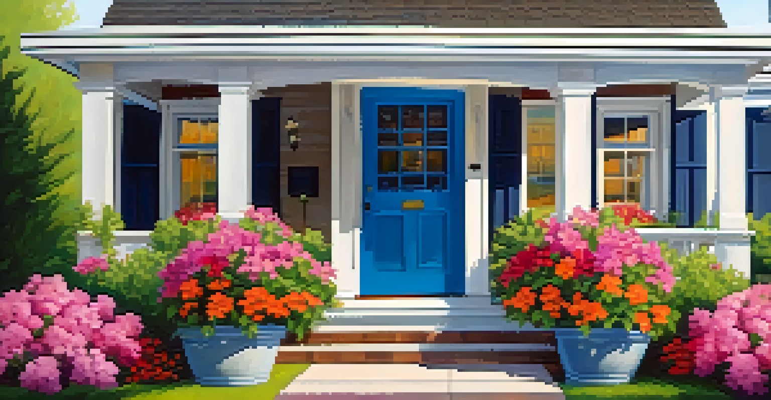 A colorful front door surrounded by flowers and a clean walkway, showcasing the home's spring curb appeal.