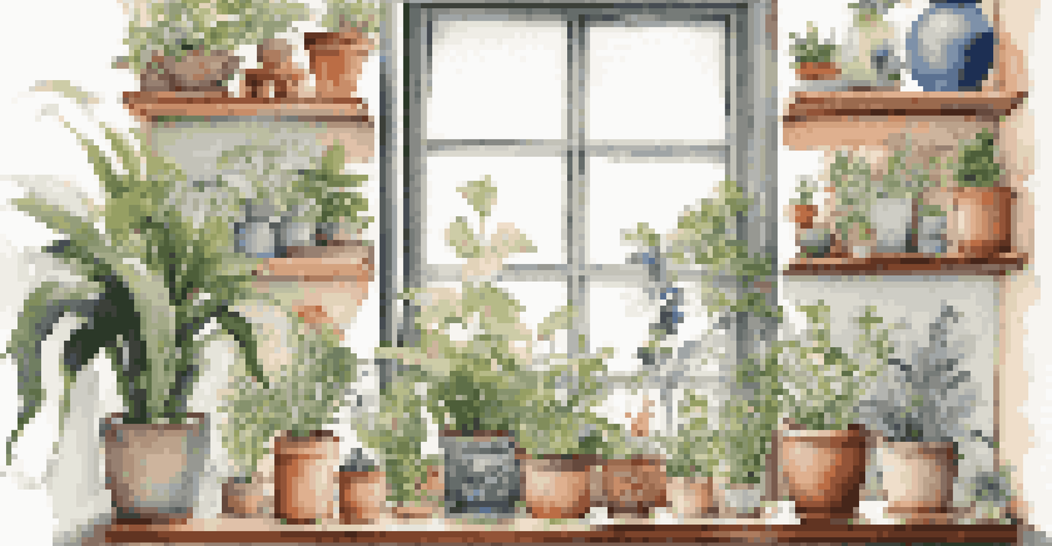 A wall-mounted shelf showcasing colorful plants and art pieces, illuminated by natural light from a window, creating a vibrant ambiance.
