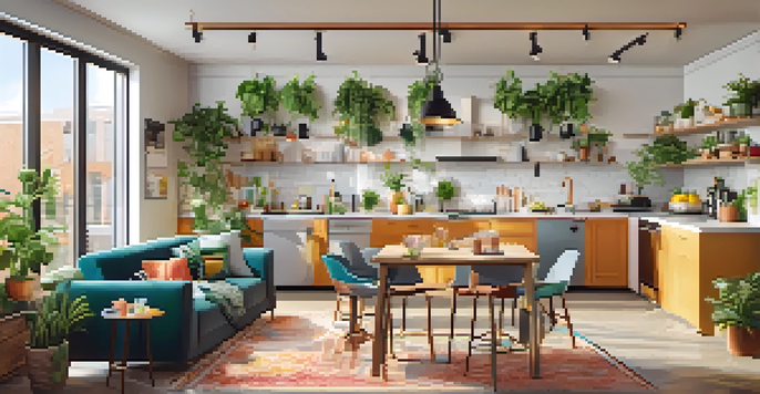 A bright co-living space with young professionals cooking in a communal kitchen and relaxing in a lounge area filled with sunlight and greenery.
