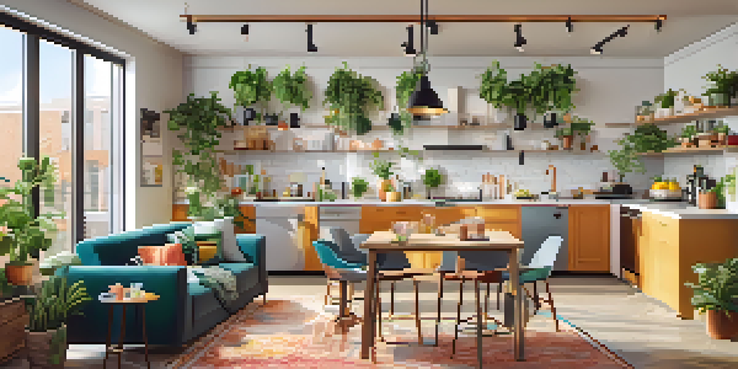 A bright co-living space with young professionals cooking in a communal kitchen and relaxing in a lounge area filled with sunlight and greenery.