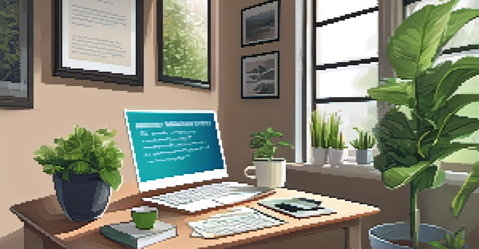 A tidy home office desk with a laptop, notepad of notes, and a view of a garden outside.