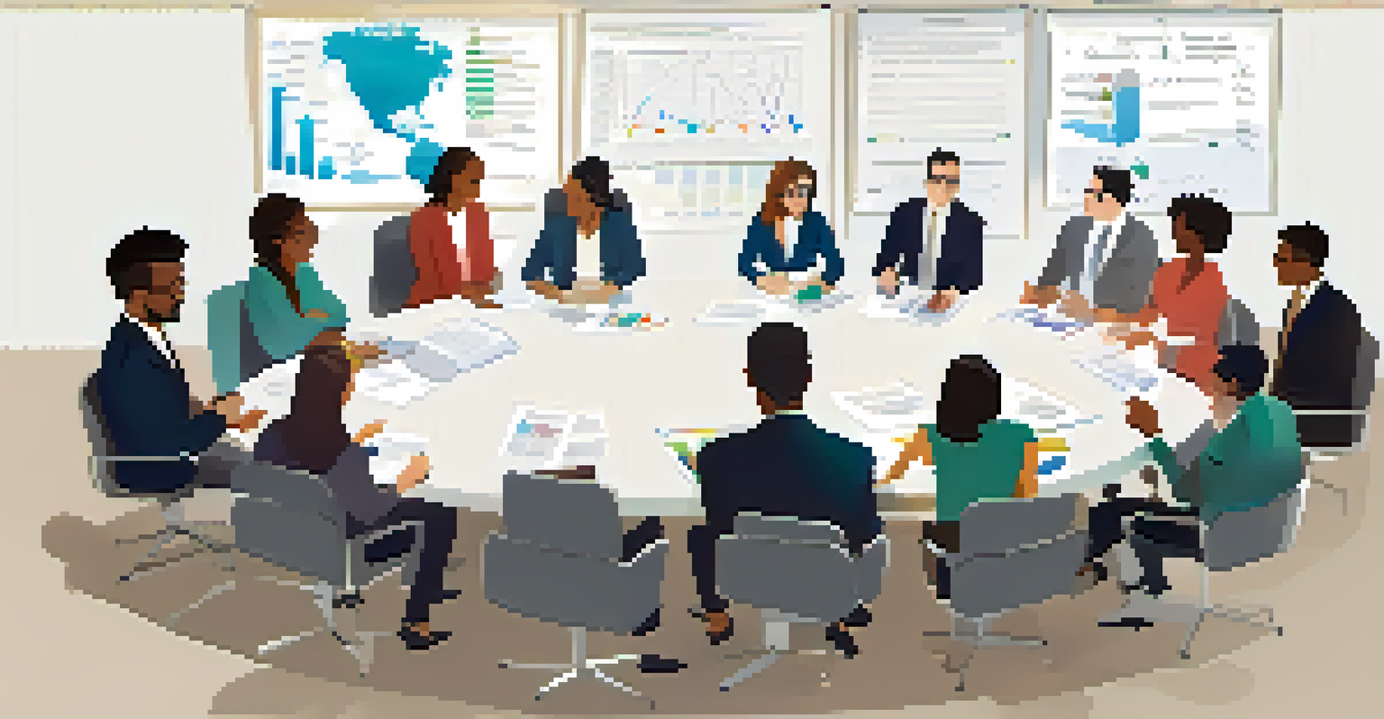 A diverse group of people discussing financial strategies at a conference table, with charts and notes visible.