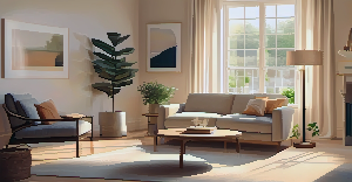 A cozy living room with modern decor, sunlight streaming through a large window, a comfortable sofa, and a potted plant.