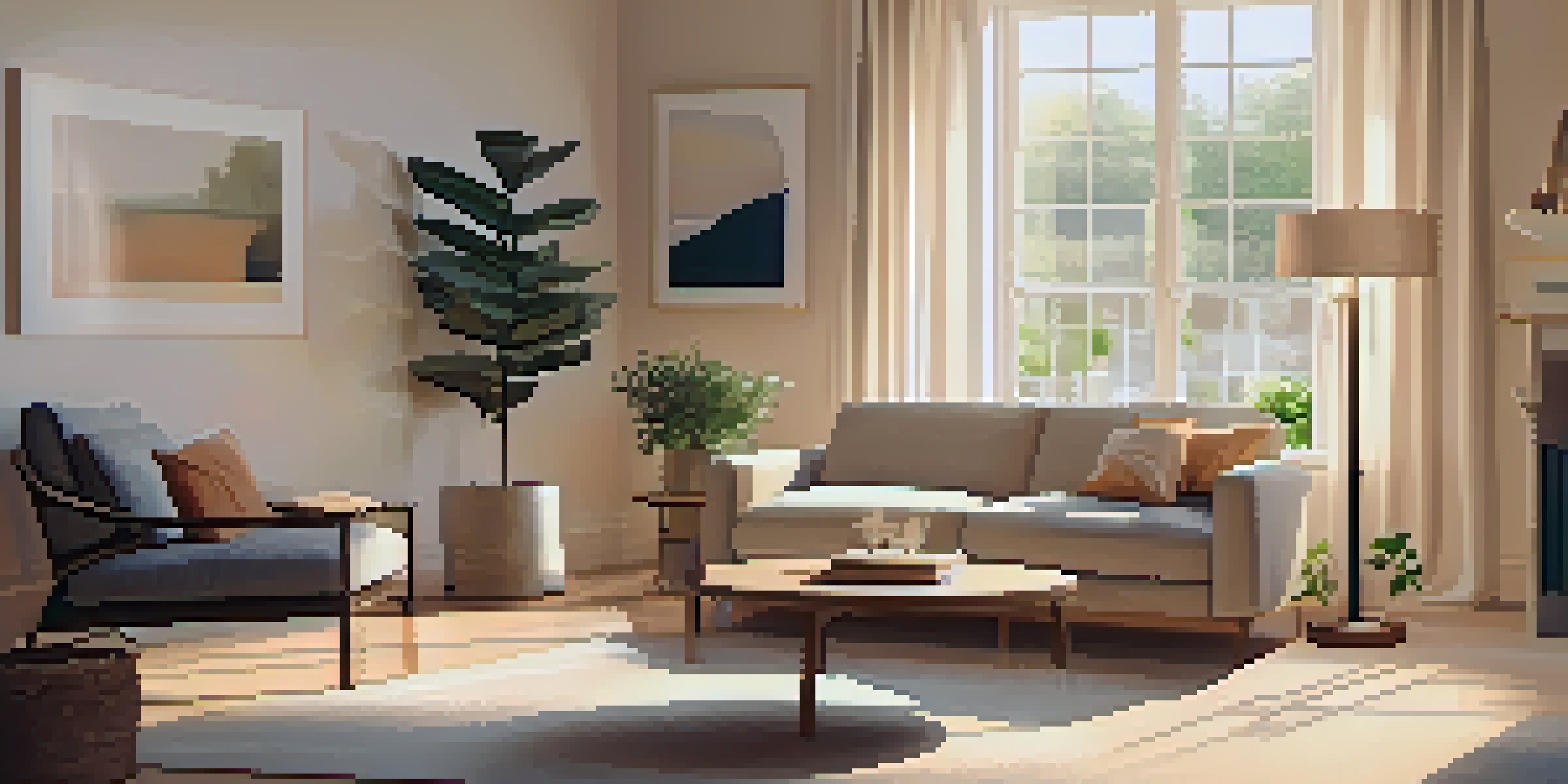 A cozy living room with modern decor, sunlight streaming through a large window, a comfortable sofa, and a potted plant.