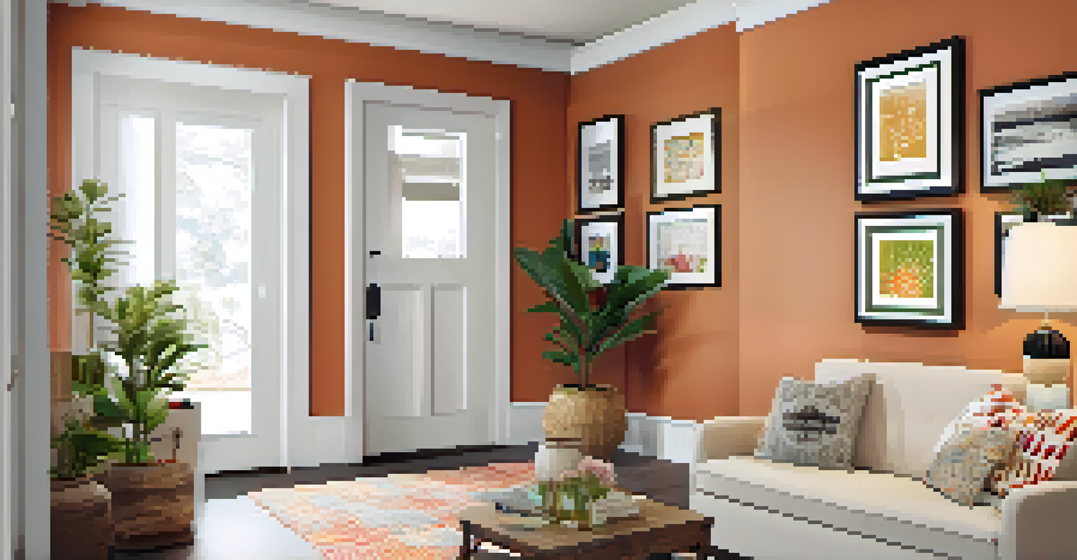 An entryway with a gallery wall of family photos, a console table with decorative items, and warm lighting from a pendant light.