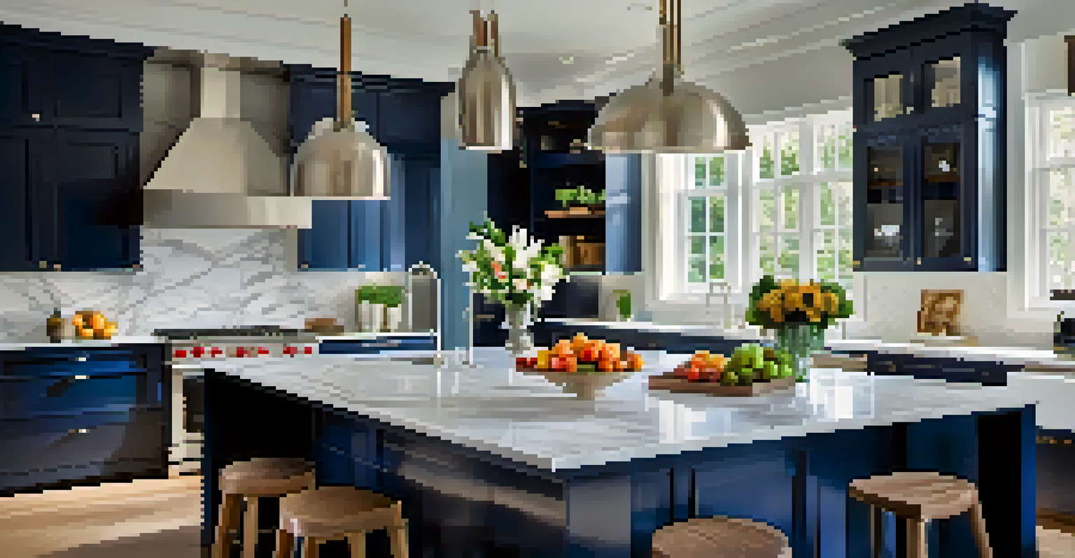 An elegant kitchen featuring a marble countertop, stainless steel appliances, and a kitchen island with fruits and flowers, illuminated by pendant lights.